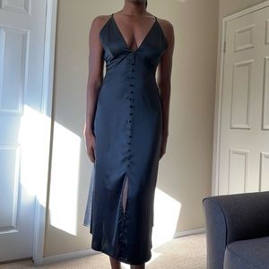 Womens V Neck Satin Slit Maxi Slip Formal Dress